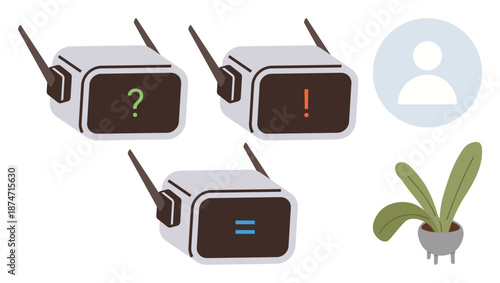 Artificial intelligence, communication systems, robotics, conceptual design, human interaction, modern technology. Three robot faces display question, exclamation and equality symbols. Artificial