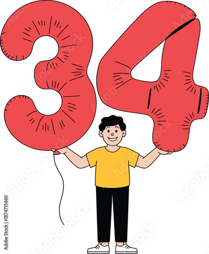 Happy man holding large red number thirty four balloons