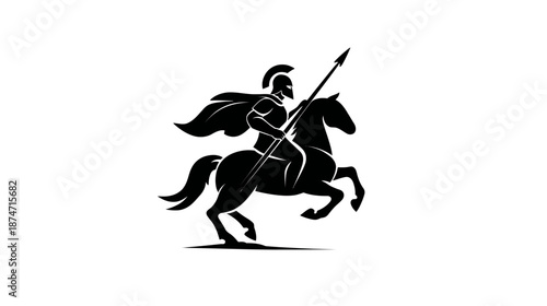 Dynamic silhouette of ancient warrior knight riding a rearing horse with a spear, symbolizing strength, power, and victory