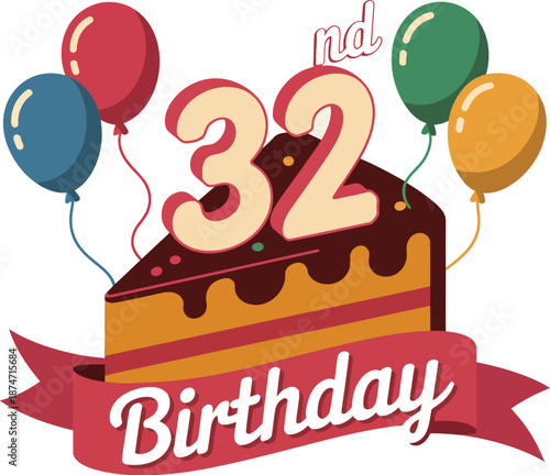Celebrate 32nd birthday with colorful cake and balloons