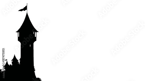 Enchanting fairytale castle tower silhouette with flag, isolated on white background, mystic medieval fantasy building illustration