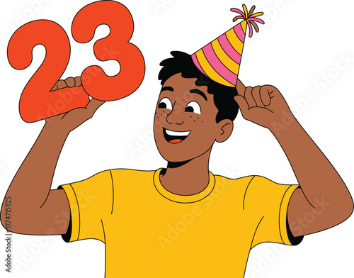 Young man celebrating twenty third birthday with colorful party hat