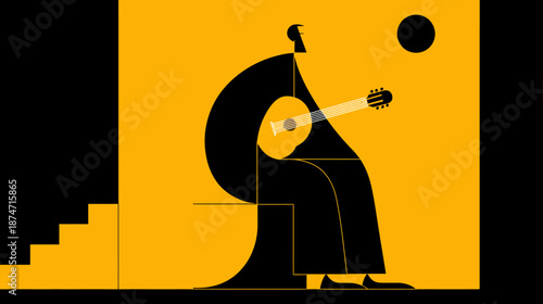 Stylized minimalist illustration of a person playing an acoustic guitar, vibrant yellow and black abstract art, musical performance concept