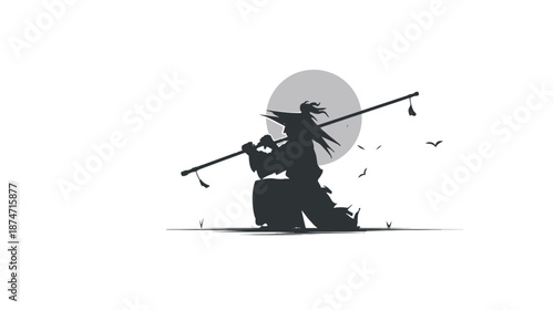 Stylized traditional Asian traveler or warrior silhouette carrying a staff against a full moon with flying birds, minimalist vector art.