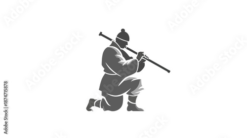 Traditional Asian musician silhouette playing a long wind instrument. Kneeling figure in ancient cultural costume, historical music performance icon.