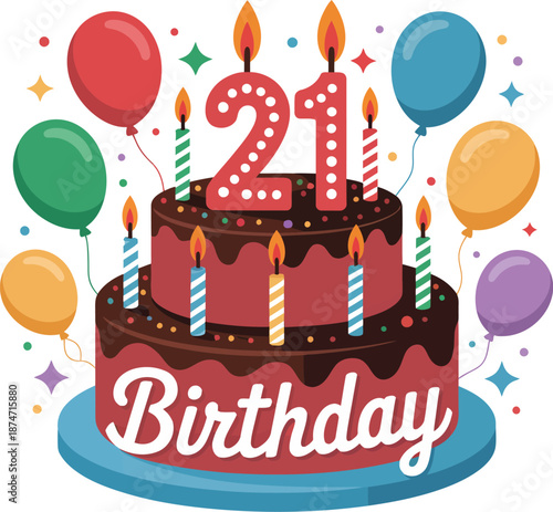 Vibrant 21st birthday cake with colorful balloons and candles