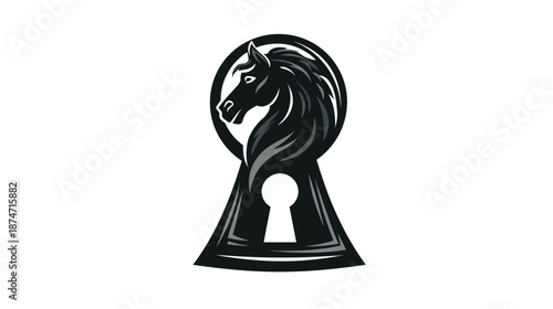 Elegant black horse head stylized as a knight chess piece within a keyhole shape, representing strategy, security, and exclusive access.