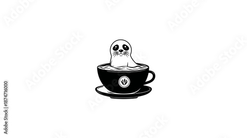 Adorable baby seal pup peeking out of a warm coffee cup. Whimsical monochrome cartoon illustration with a playful mood.