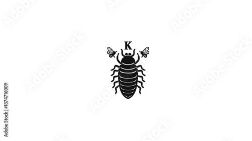 Detailed vintage black and white illustration of a stylized insect or bug with a letter K and smaller winged creatures