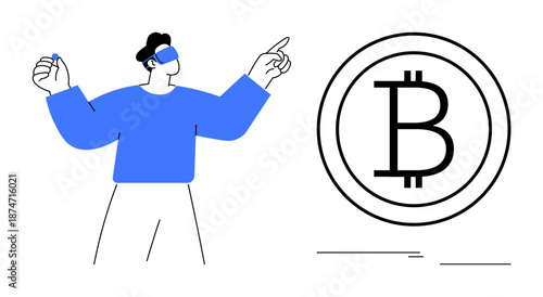 Man in blue using VR headset pointing towards Bitcoin logo, embracing cryptocurrency. Ideal for cryptocurrency, blockchain, finance, technology, innovation, investment digital economy themes. Simple