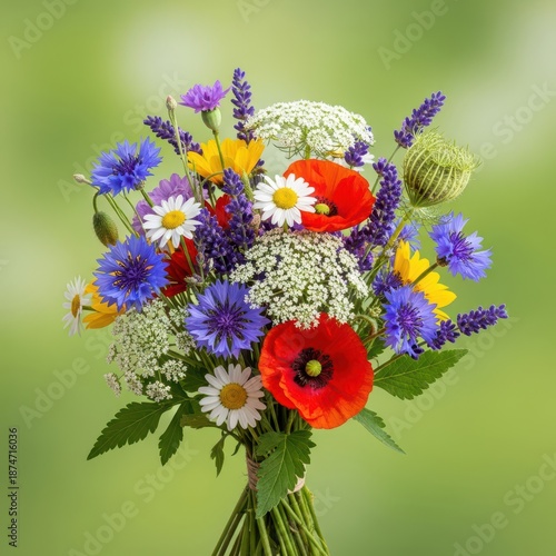 A lovely, fresh, hand-tied arrangement of colorful summer wildflowers, showcasing natural beauty and rustic charm in soft lighting, fresh, blossoms, purple