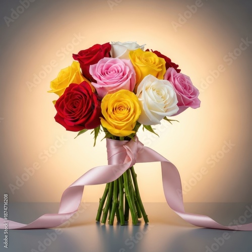 Elegant arrangement of multicolored roses tied with a delicate ribbon, symbolizing love, gratitude, and appreciation, closeup, delicate, vibrant