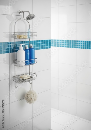 A stainless steel wire shower caddy organizer hanging in a bright, modern tiled bathroom, keeping essential hygiene products neatly stored and accessible, wire, hanging, caddy