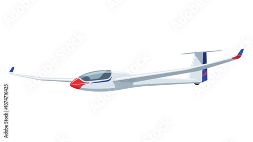 A white glider with red and blue accents in flight against a white background
