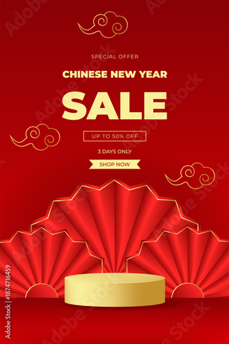 Chinese New Year sale banner with gold podium,fans,clouds. Festival voucher template design for seasonal promotion and special offer. Vertical vector illustration