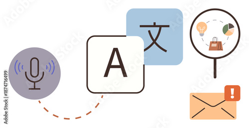 Language learning, translation services, speech recognition, e-commerce, data analysis, communication systems. Icons of microphone, letter magnifying glass and envelope. Language learning