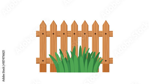 A wooden picket fence with grass in front on a white background