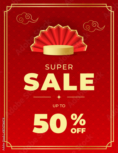 Chinese New Year sale banner with traditional pattern,gold podium,fan,clouds. Festival voucher template design for seasonal promotion and special offer. Vertical vector illustration