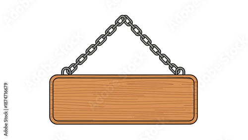A wooden sign suspended by a chain