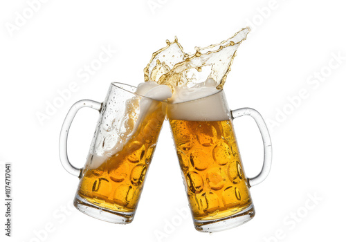 traditional glass beer steins, golden lager, creamy foam, colliding, explosive spray, frozen droplets, white background, high-contrast light, refreshing celebration concept