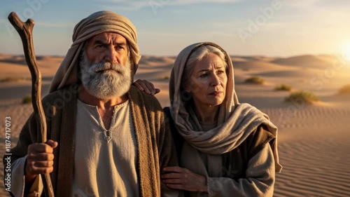 Cinematic close-up shot of a biblical couple, resembling Abraham and Sarah or Moses and Zipporah, walking side by side through a vast desert. They are wearing textured ancient robes.