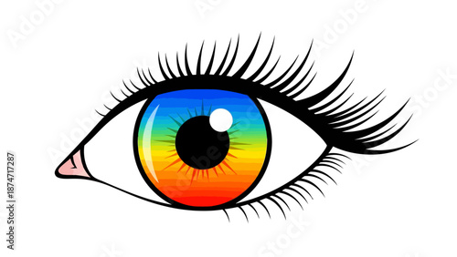 An illustration of a human eye with a rainbow iris and long eyelashes