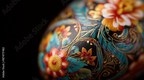 Hand-painted Easter egg with floral designs and vibrant colors  