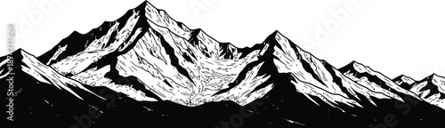 Panoramic Mountain Range Silhouette Against White Background Landscape Drawing
