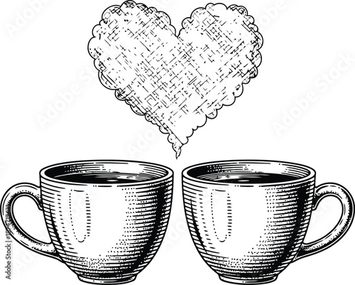 Two Coffee Cups with Heart Shape Steam, Love, Romance, Beverage, Morning Ritual, Vintage Style