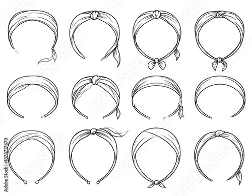 A collection of headbands, each with a different knot or tied design, displayed in a simple, black and white line art style