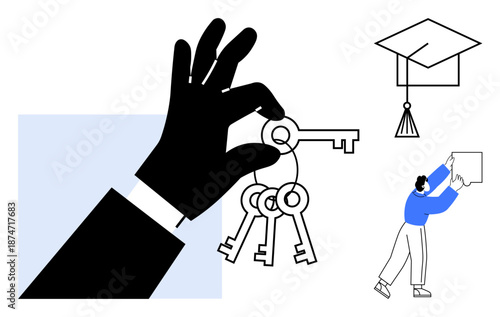 Education concept. Hand holding keys access to opportunities, paired with graduation cap and certificate reflecting achievement and goal pursuit. For schools, career planning, motivation, personal