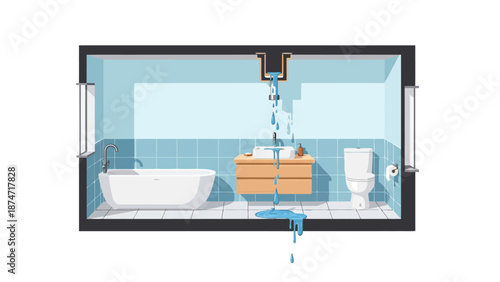 Bathroom with bathtub sink and toilet showing a water leak