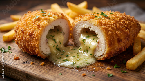 Macro Extreme Close-Up Of a Chicken Kiev Oozing Garlic Sauce With Scattered French Fries