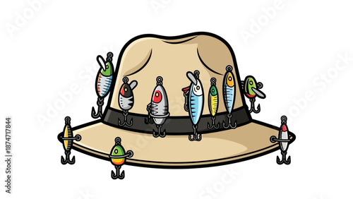 Beige hat with fishing lures attached