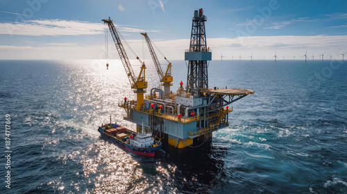 An offshore drilling rig is active at a site in the open ocean. A supply boat is positioned alongside the rig