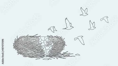 Birds flying from a messy nest on a light blue background