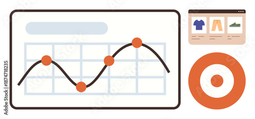 Data analysis, e-commerce strategy, market performance, online retail trends, business growth, and KPIs. Graph with trend line, online shopping icons and target symbol. Data analysis and e-commerce
