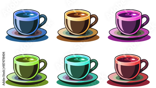 Set of colorful coffee and tea cups illustration isolated transparent background, editable vector artwork ai illustration file