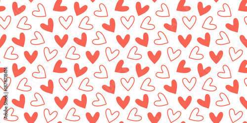 Vector seamless heart pattern with hand drawn doodle shapes in red color. Cute romantic repeating background for Valentine, wedding design, print, wrapping paper, textile, stationery, love decor.