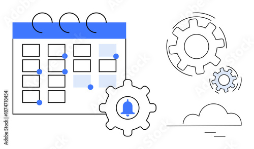 Time management, productivity planning, scheduling tools, deadline tracking, workflow optimization, task prioritization. Calendar with gears and a reminder bell. Time management and productivity