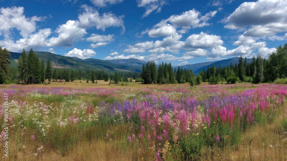 Fototapeta premium Vibrant Wildflower Meadow Under Bright Blue Skies with Fluffy Clouds and Scenic Mountain Range in the Background During a Sunny Day