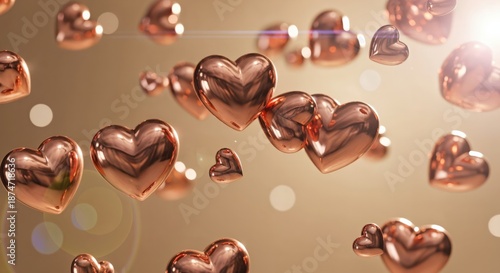 Floating Rose Gold Hearts with Bokeh Effect in Soft Light for Romantic Decor or Gift Ideas