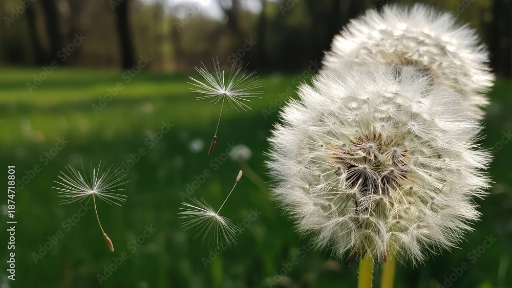 Obraz premium Fluffy dandelion seeds dispersing in a lush green meadow