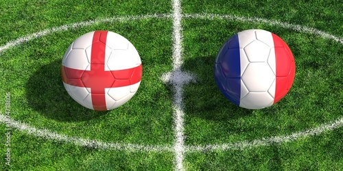 England and France national flags on soccer balls over green grass football pitch