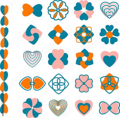 Abstract geometric elements, set of minimalist shapes in beige, orange and blue colors,  transparent background