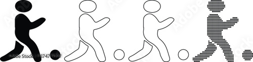 Four stick figures kicking balls in different styles and colors side by side