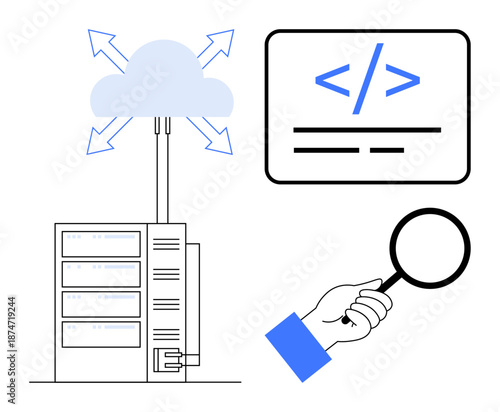 Cloud technology, web development, data processing, application coding, information storage, debugging tools. Server sending data to the cloud, code editor and magnifying glass. Cloud technology