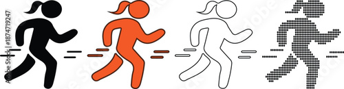 Four different style running woman icons in a row moving to the right side