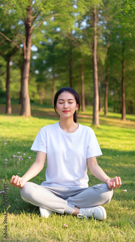 Fototapeta premium A woman sits cross-legged on the grass in a park. She is focused and meditating with trees and greenery around her. The sun shines down, creating a bright atmosphere