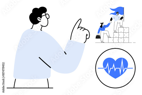 Leadership, teamwork, career growth, health monitoring, guidance, success strategies. Person pointing upwards, team climbing blocks heart with ECG line. Leadership and teamwork portrayed